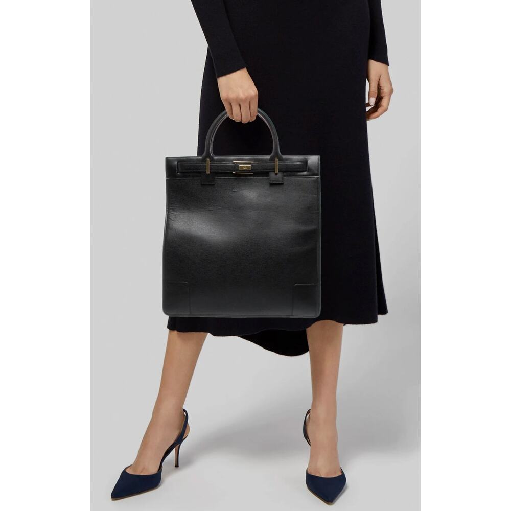 Gucci Vintage Black Leather Structured Tote Bag Gold Hardware Authentic Classic
